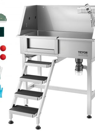 34" Dog Washing Station, Stainless Steel Pet Grooming Tub Bathtub, Professional Dog Wash Sink with Shower, Faucet, Soap Holder, Non-Slip Stairs Easy-Clean Design for Small Pets Cats (Left Door)