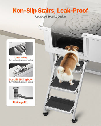 38 Inch Stainless Steel Dog Washing Station, Pet Grooming Tub with Hot & Cold Faucet, Showerhead, Home Wash Sink, Fits Small and Medium Cats and Dogs, Non-Slip Stairs (Left Door)