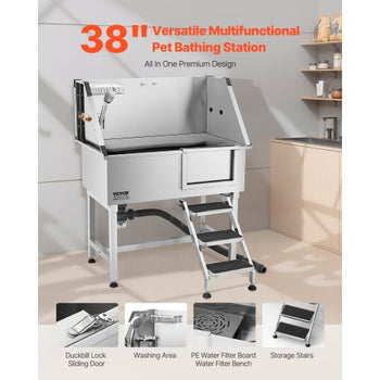 38 Inch Stainless Steel Dog Washing Station, Pet Grooming Tub with Hot & Cold Faucet, Showerhead, Home Wash Sink, Fits Small and Medium Cats and Dogs, Non-Slip Stairs (Right Door)