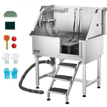 38 Inch Stainless Steel Dog Washing Station, Pet Grooming Tub with Hot & Cold Faucet, Showerhead, Home Wash Sink, Fits Small and Medium Cats and Dogs, Non-Slip Stairs (Right Door)