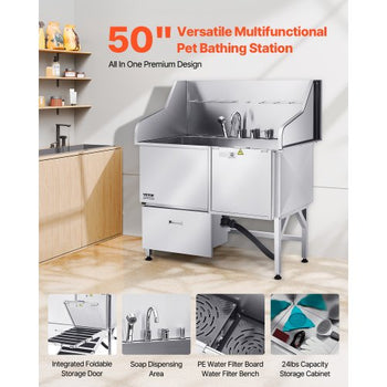 304 Stainless Steel Dog Washing Station, 50 Inch Pet Grooming Tub with Non-Slip Low-Slope Ramp, Storage Drawer, Hot & Cold Faucet, All-in-One Bath for Grooming Shop, Fits All Sizes (Right Door)