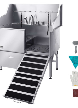 304 Stainless Steel Dog Washing Station, 50 Inch Pet Grooming Tub with Non-Slip Low-Slope Ramp, Storage Drawer, Hot & Cold Faucet, All-in-One Bath for Grooming Shop, Fits All Sizes (Right Door)