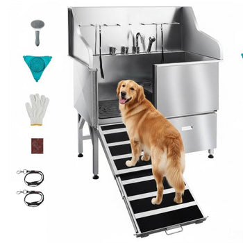 Stainless Steel Dog Washing Station, 50 inch Pet Grooming Tub w/ Ramp, Faucet & Showerhead & Soap Holder Leash Dog Bathtub for Large & Medium & Small Pets (Left Door)