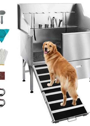 Stainless Steel Dog Washing Station, 50 inch Pet Grooming Tub w/ Ramp, Faucet & Showerhead & Soap Holder Leash Dog Bathtub for Large & Medium & Small Pets (Left Door)