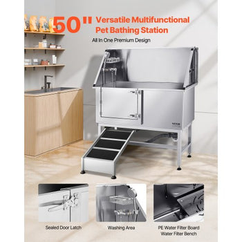 Stainless Steel Dog Washing Station, 50 inch Pet Grooming Tub w/ Ramp, PE Water Filter Board, Faucet & Showerhead & Soap Holder Dog Bathtub for Large & Medium & Small Pets (Left Door)
