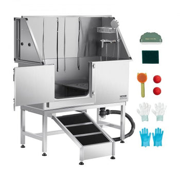 Stainless Steel Dog Washing Station, 50 inch Pet Grooming Tub w/ Ramp, PE Water Filter Board, Faucet & Showerhead & Soap Holder Dog Bathtub for Large & Medium & Small Pets (Left Door)