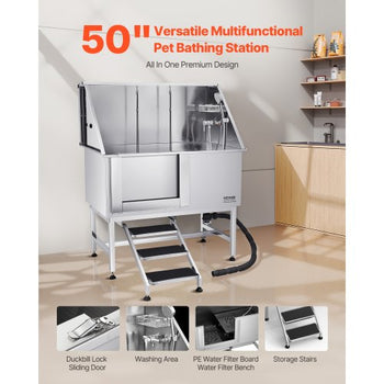 Stainless Steel Dog Washing Station, 50 inch Pet Grooming Tub w/ Stairs, PE Water Filter Board, Faucet & Showerhead & Soap Holder Dog Bathtub for Large & Medium & Small Pets (Left Door)
