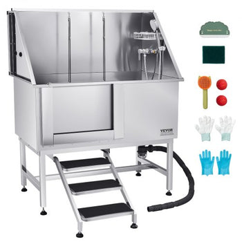 Stainless Steel Dog Washing Station, 50 inch Pet Grooming Tub w/ Stairs, PE Water Filter Board, Faucet & Showerhead & Soap Holder Dog Bathtub for Large & Medium & Small Pets (Left Door)