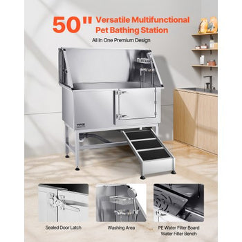 Stainless Steel Dog Washing Station, 50 inch Pet Grooming Tub w/ Ramp, PE Water Filter Board, Faucet & Showerhead & Soap Holder Dog Bathtub for Large & Medium & Small Pets (Right Door)