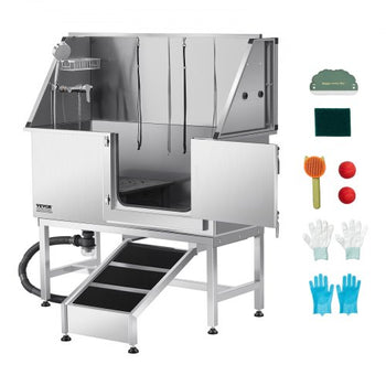 Stainless Steel Dog Washing Station, 50 inch Pet Grooming Tub w/ Ramp, PE Water Filter Board, Faucet & Showerhead & Soap Holder Dog Bathtub for Large & Medium & Small Pets (Right Door)