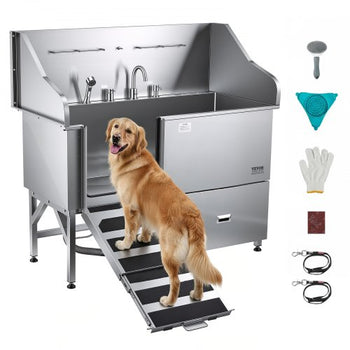 304 Stainless Steel Dog Washing Station, 61 Inch Pet Grooming Tub with Non-Slip Low-Slope Ramp, Storage Drawer, Hot & Cold Faucet, All-in-One Bath for Grooming Shop, Fits All Sizes (Left Door)