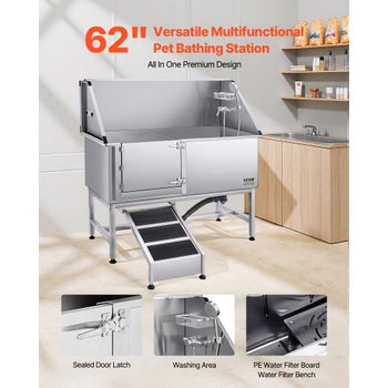 Stainless Steel Dog Washing Station, 62 inch Pet Grooming Tub w/ Ramp, PE Water Filter Board, Faucet & Showerhead & Soap Holder Dog Bathtub for Large & Medium & Small Pets (Left Door)