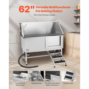 Stainless Steel Dog Washing Station, 62 inch Pet Grooming Tub w/ Stairs, PE Water Filter Board, Faucet & Showerhead & Soap Holder Dog Bathtub for Large & Medium & Small Pets (Right Door)