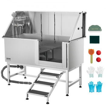 Stainless Steel Dog Washing Station, 62 inch Pet Grooming Tub w/ Stairs, PE Water Filter Board, Faucet & Showerhead & Soap Holder Dog Bathtub for Large & Medium & Small Pets (Right Door)