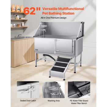 Stainless Steel Dog Washing Station, 62 inch Pet Grooming Tub w/ Ramp, PE Water Filter Board, Faucet & Showerhead & Soap Holder Dog Bathtub for Large & Medium & Small Pets (Right Door)