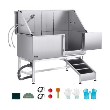 Stainless Steel Dog Washing Station, 62 inch Pet Grooming Tub w/ Ramp, PE Water Filter Board, Faucet & Showerhead & Soap Holder Dog Bathtub for Large & Medium & Small Pets (Right Door)
