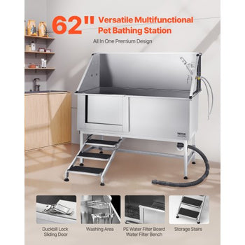 Stainless Steel Dog Washing Station, 62 inch Pet Grooming Tub w/ Stairs, PE Water Filter Board, Faucet & Showerhead & Soap Holder Dog Bathtub for Large & Medium & Small Pets (Left Door)