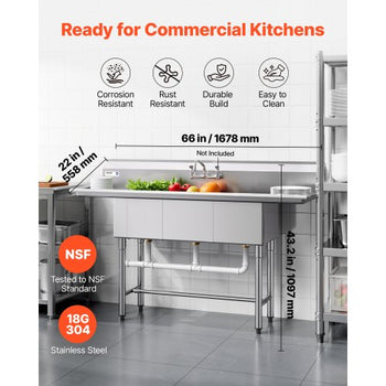 3 Compartment Sink, 18-Gauge 304 Stainless Steel, 14" x 16" x 11" Bowl Size, 3 Bay Commercial Kitchen Prep & Utility Sink with 2 Drainboards and Backsplash for Restaurant, Food Truck & Home Use