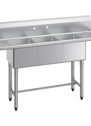 3 Compartment Sink, 18-Gauge 304 Stainless Steel, 14" x 16" x 11" Bowl Size, 3 Bay Commercial Kitchen Prep & Utility Sink with 2 Drainboards and Backsplash for Restaurant, Food Truck & Home Use