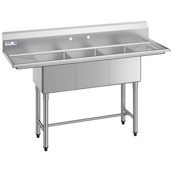 3 Compartment Sink, 18-Gauge 304 Stainless Steel, 14" x 16" x 11" Bowl Size, 3 Bay Commercial Kitchen Prep & Utility Sink with 2 Drainboards and Backsplash for Restaurant, Food Truck & Home Use