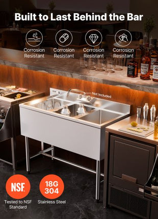 3 Compartment Sink, 18-Gauge 304 Stainless Steel, 10" x 14" x 10" Bowl Size, 3 Bay Commercial Under Bar Sink with Backsplash and Efficient Drainage for Kitchen, Restaurant, Food Truck & Home Use