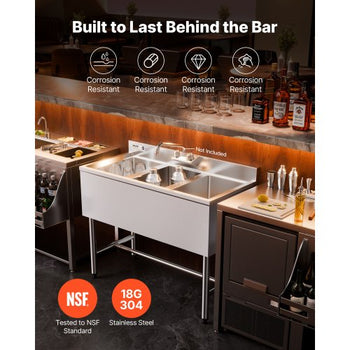 3 Compartment Sink, 18-Gauge 304 Stainless Steel, 10" x 14" x 10" Bowl Size, 3 Bay Commercial Under Bar Sink with Backsplash and Efficient Drainage for Kitchen, Restaurant, Food Truck & Home Use