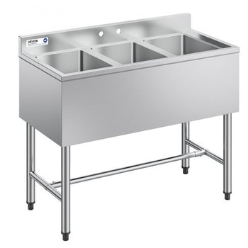 3 Compartment Sink, 18-Gauge 304 Stainless Steel, 10" x 14" x 10" Bowl Size, 3 Bay Commercial Under Bar Sink with Backsplash and Efficient Drainage for Kitchen, Restaurant, Food Truck & Home Use