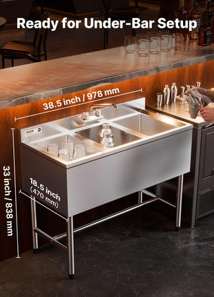 3 Compartment Sink, 18-Gauge 304 Stainless Steel, 10" x 14" x 10" Bowl Size, 3 Bay Commercial Under Bar Sink with Backsplash and Efficient Drainage for Kitchen, Restaurant, Food Truck & Home Use