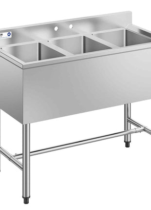 3 Compartment Sink, 18-Gauge 304 Stainless Steel, 10" x 14" x 10" Bowl Size, 3 Bay Commercial Under Bar Sink with Backsplash and Efficient Drainage for Kitchen, Restaurant, Food Truck & Home Use
