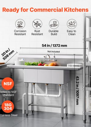 3 Compartment Sink, 18-Gauge 304 Stainless Steel, 10" x 14" x 10" Bowl Size, 3 Bay Commercial Kitchen Prep & Utility Sink with 2 Drainboards and Backsplash for Restaurant, Food Truck & Home Use
