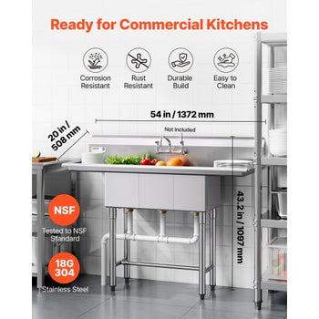 3 Compartment Sink, 18-Gauge 304 Stainless Steel, 10" x 14" x 10" Bowl Size, 3 Bay Commercial Kitchen Prep & Utility Sink with 2 Drainboards and Backsplash for Restaurant, Food Truck & Home Use