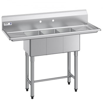 3 Compartment Sink, 18-Gauge 304 Stainless Steel, 10" x 14" x 10" Bowl Size, 3 Bay Commercial Kitchen Prep & Utility Sink with 2 Drainboards and Backsplash for Restaurant, Food Truck & Home Use