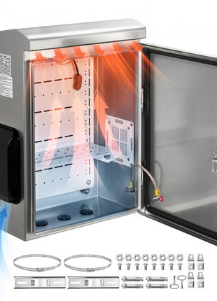 Outdoor Electrical Box, 20 x 16 x 8 in, Stainless Steel Ventilated Electrical Enclosure with Thermostat and Fan, Rain Hood, Hinge Connection, IP65 Waterproof Junction Box, Wall/Pole Mounted,