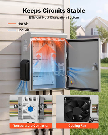 Outdoor Electrical Box, 20 x 16 x 8 in, Stainless Steel Ventilated Electrical Enclosure with Thermostat and Fan, Rain Hood, Hinge Connection, IP65 Waterproof Junction Box, Wall/Pole Mounted,