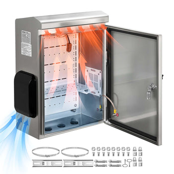 Outdoor Electrical Box, 20 x 16 x 8 in, Stainless Steel Ventilated Electrical Enclosure with Thermostat and Fan, Rain Hood, Hinge Connection, IP65 Waterproof Junction Box, Wall/Pole Mounted,