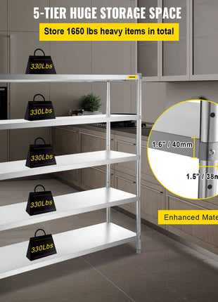 Stainless Steel Shelving 60x18.5 Inch 5 Tier Adjustable Shelf Storage Unit Stainless Steel Heavy Duty Shelving for Kitchen Commercial Office Garage Storage 330lb Per Shelf
