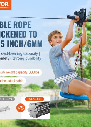 Zipline Kit for Kids and Adult, 160 ft Zip Line Kits Up to 330 lb, Backyard Outdoor Quick Setup Zipline, Playground Entertainment with Stainless Steel Zipline, Spring Brake, Safety Harness, Seat