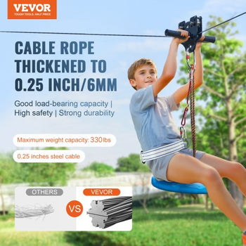 Zipline Kit for Kids and Adult, 160 ft Zip Line Kits Up to 330 lb, Backyard Outdoor Quick Setup Zipline, Playground Entertainment with Stainless Steel Zipline, Spring Brake, Safety Harness, Seat