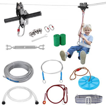 Zipline Kit for Kids and Adult, 160 ft Zip Line Kits Up to 330 lb, Backyard Outdoor Quick Setup Zipline, Playground Entertainment with Stainless Steel Zipline, Spring Brake, Safety Harness, Seat