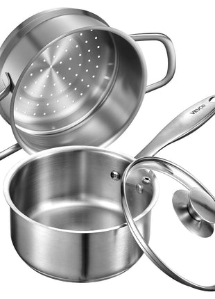 1.5 QT Saucepan with Steamer, Stainless Steel Saucepan with Glass Lid, Multipurpose Nonstick Stainless Steel Sauce Pot with Ergonomic Handle, Friendly for Oven, Dishwasher, Induction Cooker