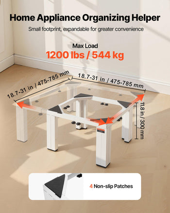 Laundry Pedestal, 12 in Height, Washer and Dryer Pedestals with 1200 lbs Weight Load Capacity, 18.7-31 in Adjustable, Non-Slip Feet, Heavy-duty Steel Washing Machine Stand Universal Fit, White