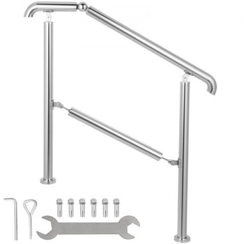 Stainless Steel Transitional Handrail fit for Level Surface and 2 to 3 Adjustable Stair Indoor Outdoor Step Railings 441lb Capacity with Installation Kit Porch DIY, Silver