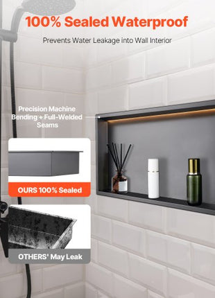 Shower Niche, 13 x 25 x 4 inch Recessed Wall Niche With LED Strip,Heavy-duty Stainless Steel Modern Shampoo Storage Organizer,Sealed Waterproof, Durable & Easy to Install,Black for Bathroom