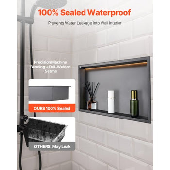 Shower Niche, 13 x 25 x 4 inch Recessed Wall Niche With LED Strip,Heavy-duty Stainless Steel Modern Shampoo Storage Organizer,Sealed Waterproof, Durable & Easy to Install,Black for Bathroom