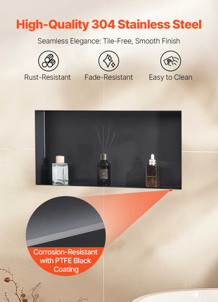 Shower Niche, 13 x 25 x 4 inch Frameless Recessed Wall Niche, Heavy-duty Stainless Steel Modern Shampoo Storage Organizer, Sealed Waterproof, Durable & Easy to Install, Black for Bathroom