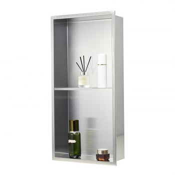 Shower Niche, 13 x 25 x 4 inch Recessed Wall Niche Double-layer, with Hollowed-out Divider,Heavy-duty Stainless Steel Modern Shampoo Storage Organizer,Waterproof, Silver for Bathroom