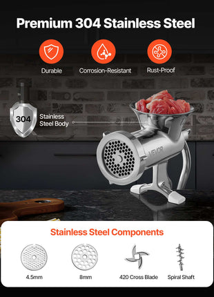 Durable VEVOR meat grinder in premium 304 stainless steel, featuring spiral shaft and interchangeable grinding plates.