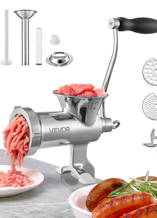 Stainless steel manual meat grinder with black handle, includes attachments and ground meat on plate.