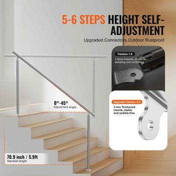 Handrails for Outdoor Steps, 70.9 in/ 180cm Length Stair Hand Rail Kit, Transitional Stainless Steel Railings with Installation Kit, Double-column Staircase Handrails for Seniors,Porch & Deck