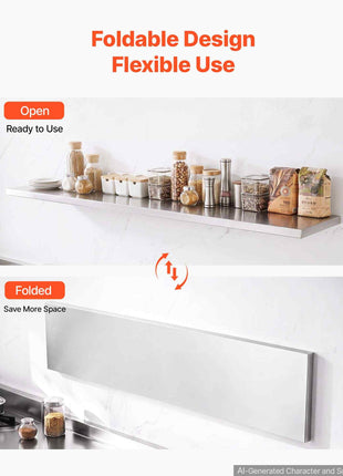 Stainless Steel Shelf 12" x 72" Foldable Wall Mount Floating Shelf, Heavy-Duty Commercial Shelves with Brackets, 300LBS Capacity, Easy to Clean, Suitable for Restaurant, Home Kitchen, Garage